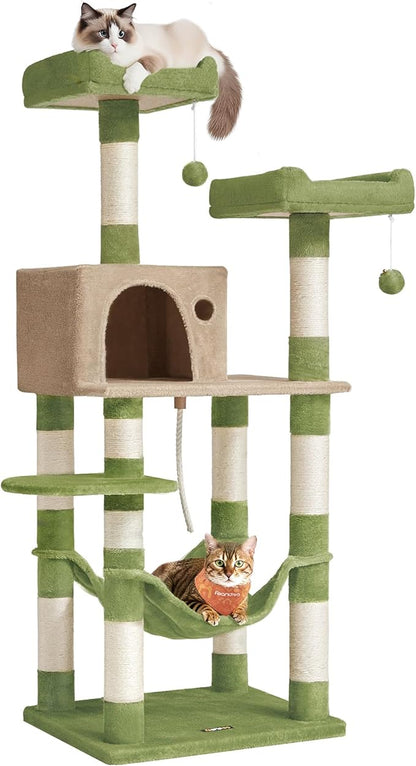 Feandrea Cat Tree, 56.3-Inch Cat Tower, Multi-Level Plush Condo with 11 Scratching Posts, 2 Perches, Hammock, Cave, Grass Green and Camel Brown UPCT015CB02