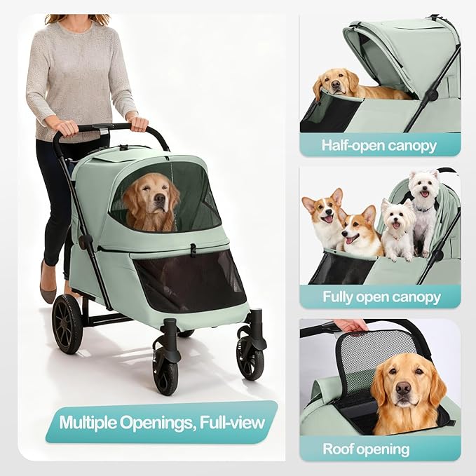 Pet Stroller with Ramp for Large Dogs up to 132lbs, Large Pet Gear for Multiple Dogs/Cats, All-Terrain with Mesh Dual-Window & NO-Zip, Removable Mattress & Slope Pad(Lake Green)