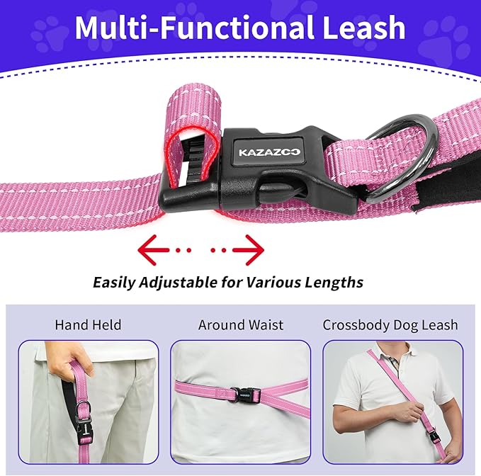 Kazazoo Hands-Free Dog Leash with Adjustable Length 5.5-8.5FT + Dual Padded Handles Reflective Safety for Walking, Jogging & Training | Suitable for Medium to Large Dogs & Puppies M Size Pink