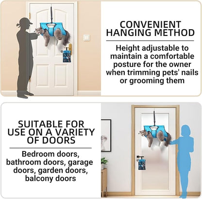 Pet Grooming Hammock for 10-20 lbs Pets - Door-Hook Hanging, Adjustable Height with Full Straps, Machine Washable, 1 Tool Bag Included, Blue