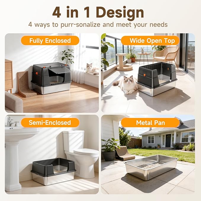 Stainless Steel Litter Box with Lid, Side Entry Extra Large High Sided Enclosure Litter Box, Removable Upper Cover Leak-Proof Odorless Non-Stick Easy Clean Metal Pan with Scoop & Mat
