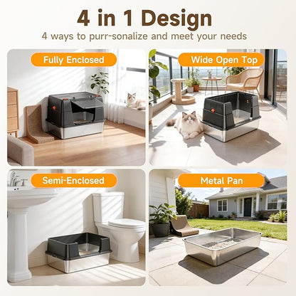 Stainless Steel Litter Box with Lid, Side Entry Extra Large High Sided Enclosure Litter Box, Removable Upper Cover Leak-Proof Odorless Non-Stick Easy Clean Metal Pan with Scoop & Mat