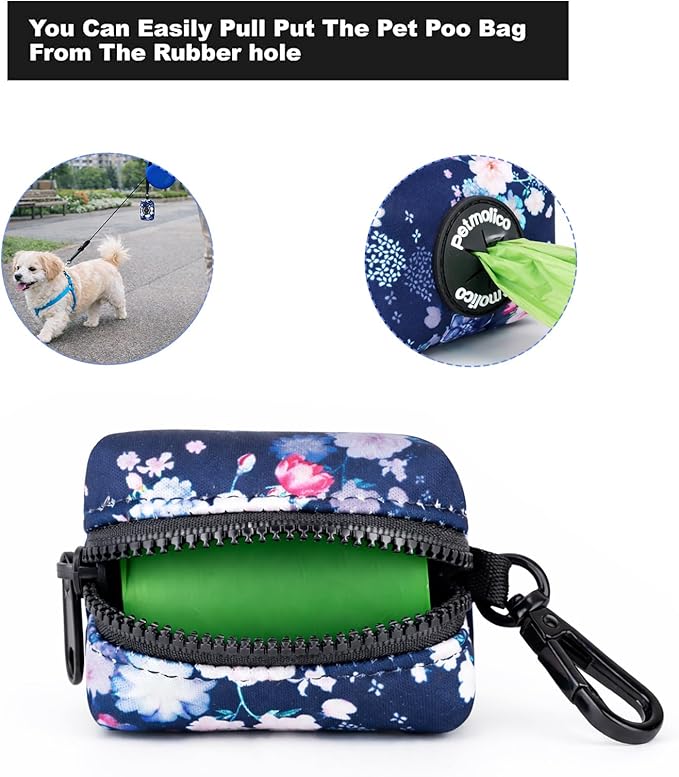 Petmolico Dog Poop Bag Holder Leash Attachment, Dog Waste Bag Dispenser Zippered Pouch, Fits Any Dog Leash, Includes Free Roll of Dog Bags, Poop Bag Dispenser - 2 Packs, Mixed Blue & White