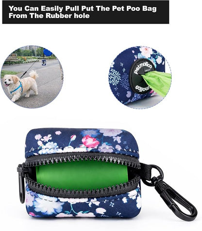 Petmolico Dog Poop Bag Holder Leash Attachment, Dog Waste Bag Dispenser Zippered Pouch, Fits Any Dog Leash, Includes Free Roll of Dog Bags, Poop Bag Dispenser - 2 Packs, Mixed Blue & White