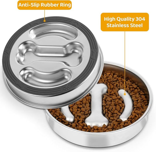 Slow Feeder Dog Bowls Stainless Steel,Anti-Slip Slow Eating Dog Food Bowl,Double-Sided Bones Design dig Dish, 3 Cups Capacity for Small and Medium Dogs Slow Down Eating