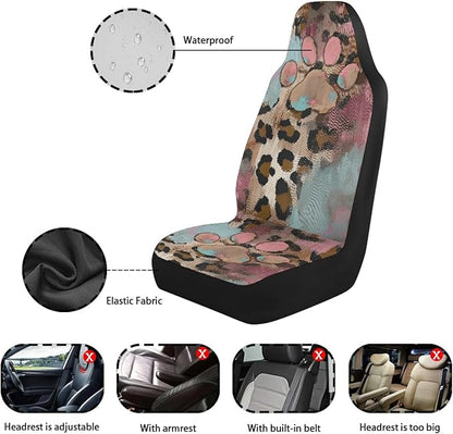 Pink Paw Print Car Seat Cover Waterproof Non-Slip Auto Front Seat Covers Leopard Print Car Bucket Seat Cover Protective Automobile Accessories Interior Universal Fit for Truck Sedan SUV
