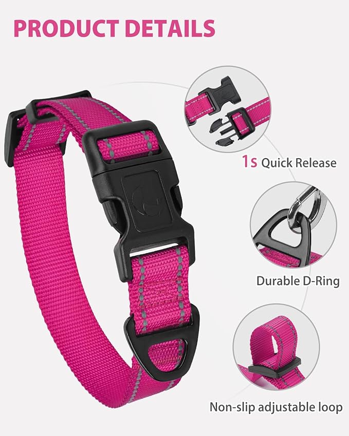 Joytale Dog Collars for Medium Dogs, Comfortable Double-Sided Reflective Nylon Collar for Night Safety, Adjustable Quick-Release for Active Pets, Hotpink, M (1" Width)