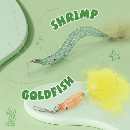 SONGWAY Cat Toy Wand Attachments - 8 Pieces Carrot Shrimp Mouse Fish Worm Dragonfly Cat Feather Toy Refills, Interactive Elastic Mesh Cat Toys for Indoor Cats Kittens