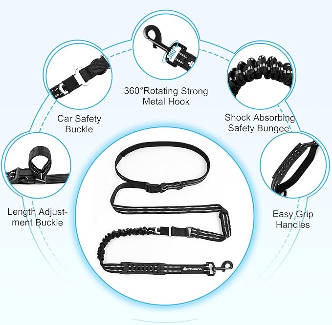 Philorn Hands Free Dog Leash, Crossbody Dog Leash, 6.9-8.9 Ft Multifunctional Waist Walking Belt with Car Safety Buckle for Large and Medium Dogs Jogging,Running,Training (Black, 25-120 lbs)