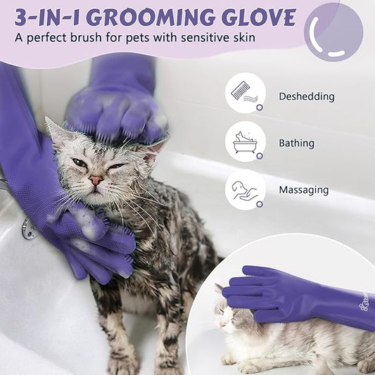 Pecute Pet Grooming Gloves, Large, Heat Resistant, Silicone Bathing and Massaging Gloves with High-Density Teeth and Enhanced Five Finger Design for Dogs and Cats, Purple