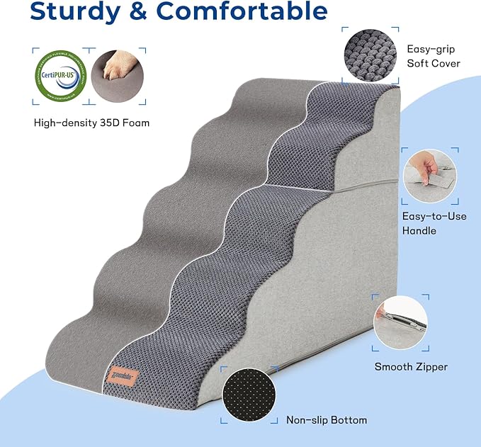 Dog Stairs Ramp for High Beds Up to 25" H - 5 Step Pet Stairs for Small to Large Dogs, 35D Foam Dog Steps for Couch with Non-Slip Bottom Grey