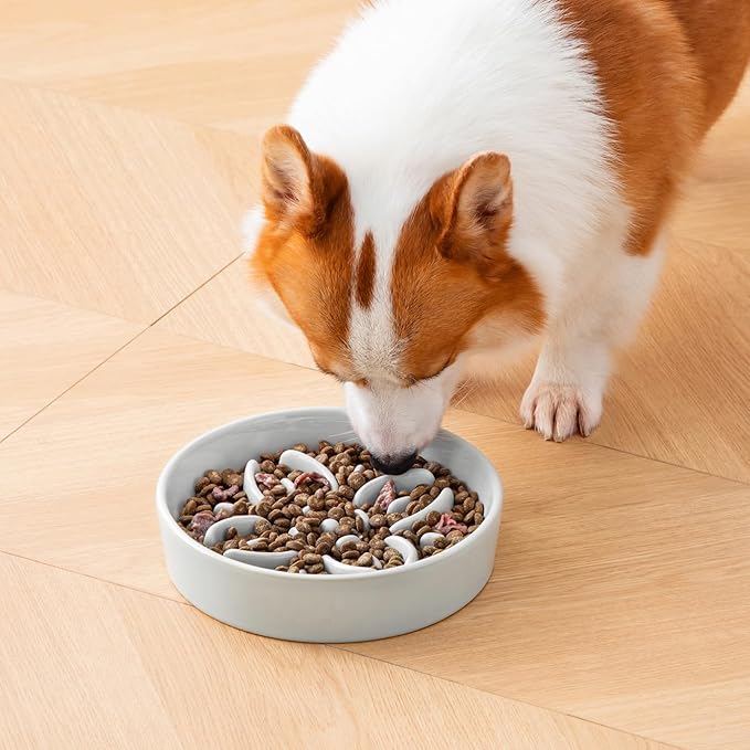 vancasso Ceramic Slow Feeder Dog Bowls, Puzzle Dog Food Bowls with Floral Maze, Anti -Slip Pet Food Dish for Medium Breed, 1.5 Cups, Grayish Cyan