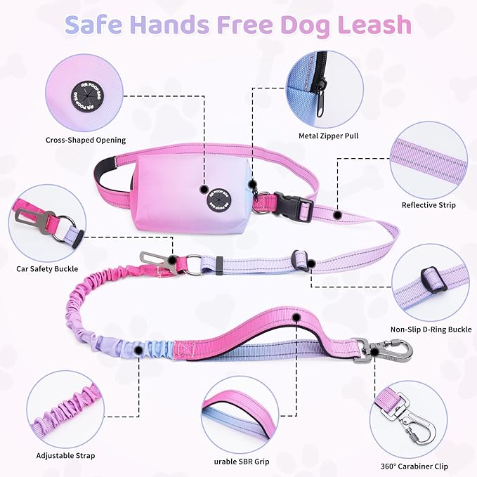 Hands Free Dual Handle Retractable Bungee Leash with Reflective Trim, Adjustable Waist Belt for Dog Walking, Running, Hiking - Durable Nylon Leash for Medium Large Dogs, Pink