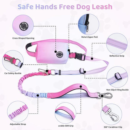 Hands Free Dual Handle Retractable Bungee Leash with Reflective Trim, Adjustable Waist Belt for Dog Walking, Running, Hiking - Durable Nylon Leash for Medium Large Dogs, Pink