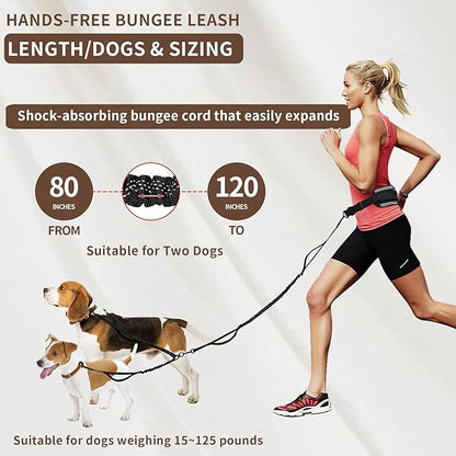 Tails & Tales Hands Free Dog Leash with Waist Pouch, Lumbar Support Upgraded, Bungee Reflective Leash, Adjustable Belt 25-55", Walking Running Hiking Training for Dogs Up to 125lbs (Black, Two Dogs)