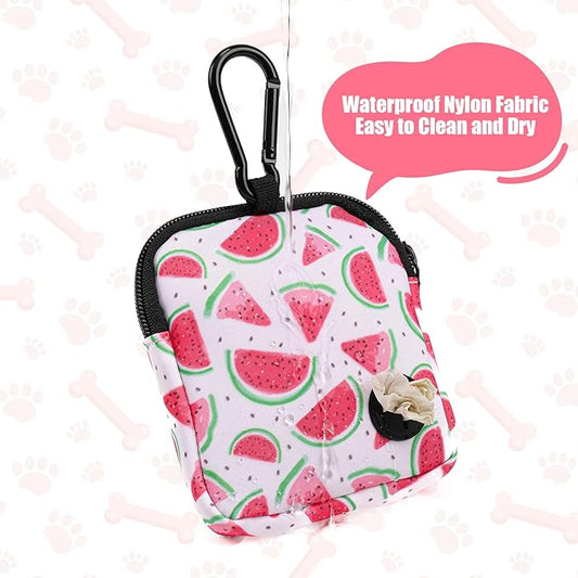 Dog Treat Pouch with Training Clicker,Waterproof Nylon Fabric Poop Bag Holders for Leashes,Hands Free Small Dog Walking Bag with Carabiner, Pet Puppy Training Walking Essentials (Watermelon)