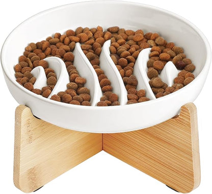PETTOM Slow Feeder Cat Bowl Elevated Ceramic with Bamboo Stand, Raised Pet Puzzle Dishes for Indoor Cats Small Dog, Anti Vomit Cat Bowl for Wet & Dry Food