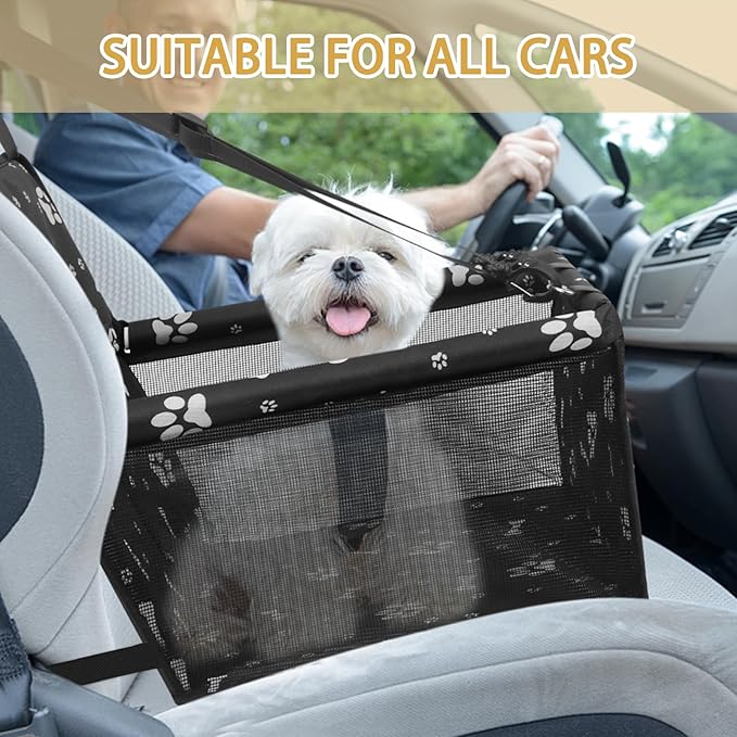 PetsHome Dog Car Seat, Foldable Dog Car Booster Seat Waterproof Breathable Oxford Travel Bag for Small to Medium Dogs, Puppies, and Pets-Pattern Black