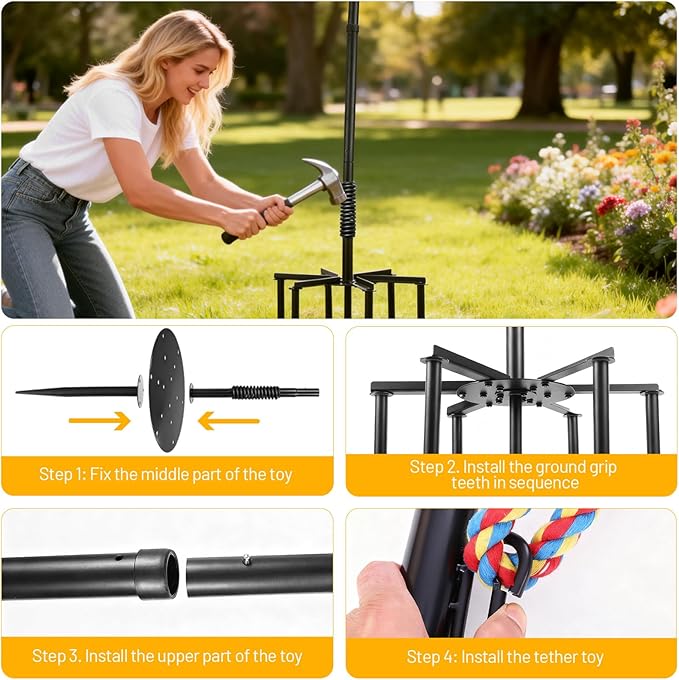 Tether Tug Outdoor Dog Toy,Tether Tug For Large Dogs,Spring Pole For Dogs in Park,Yard,Lawn,2 Rope Toy and Bell Pull Chase and Solo Play,Tether Interactive Dog Tug Toy,For Medium Small Dogs(Black)
