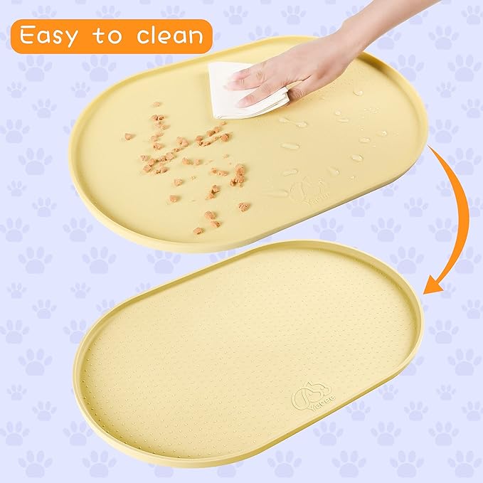 100% Waterproof 0.5" Raised Edge BPA Free Silicone Dog Food Mat, Pet Cat Feeding Mats Contain Spills Protects Floors, Placemats for Cats and Dogs Water Bowl Dishwasher. (Large/XL, Yellow)