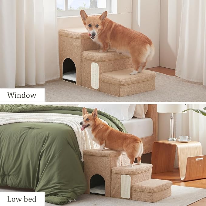 Dog Stairs with Storage and Condo,Cat Scratcher, 3-Step Sturdy Dog Steps for Small Medium or Large Older Dogs Cats, Folding Pet Stairs Climbing Sofas, high beds, Windows and Cars (Beige,16.7'' H)