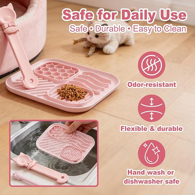AZY 3-Piece Slow Feeder Cat Bowl and Lick Mat Set – Silicone Cat Treat Spoon & Feeding Mat for Wet Food, Enrichment and Slow Eating (Pink)