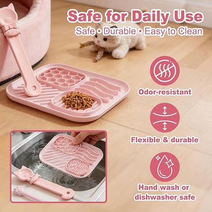 AZY 3-Piece Slow Feeder Cat Bowl and Lick Mat Set – Silicone Cat Treat Spoon & Feeding Mat for Wet Food, Enrichment and Slow Eating (Pink)