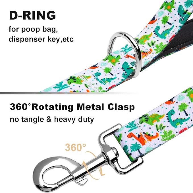 6 Foot Dog Leash for Medium Large Dogs, Double Handle Dog Leash with Padded Traffic Control Handles, Walking Training Lead, Dinosaur