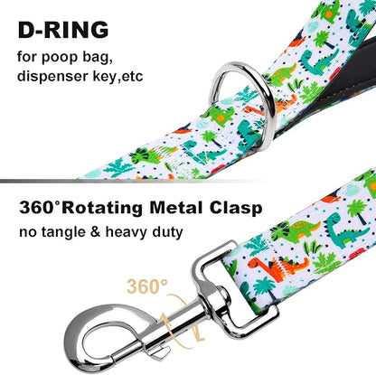 6 Foot Dog Leash for Medium Large Dogs, Double Handle Dog Leash with Padded Traffic Control Handles, Walking Training Lead, Dinosaur