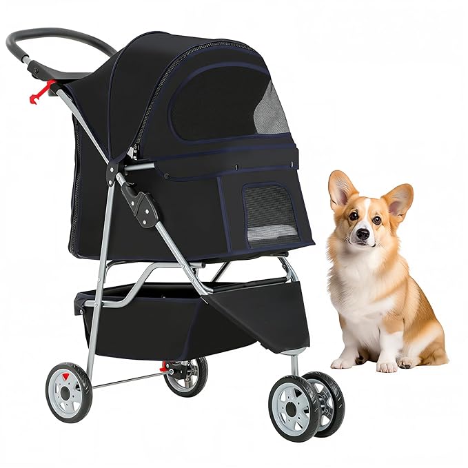 BestOffice Pet Stroller for Small Medium Dogs & Cats, 3-Wheel Foldable Dog Stroller with Cup Holder, Lightweight Travel Carrier, Waterproof Design for Outdoor Walks, Black