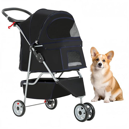 BestOffice Pet Stroller for Small Medium Dogs & Cats, 3-Wheel Foldable Dog Stroller with Cup Holder, Lightweight Travel Carrier, Waterproof Design for Outdoor Walks, Black