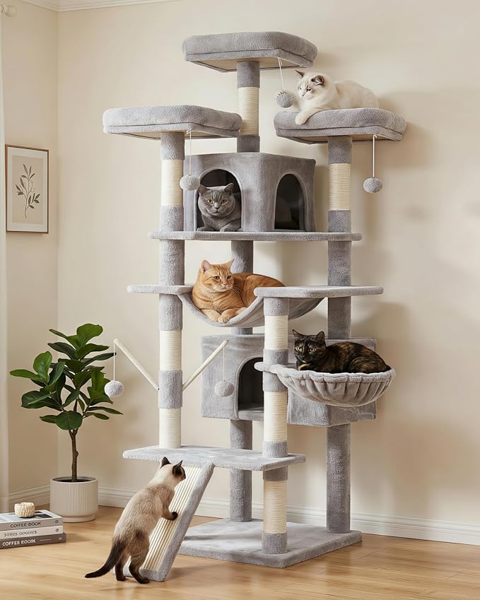 Hey-brother Cat Tree, 71 inches XL Large Cat Tower for Indoor Cats, Multi-Level Cat House with 3 Padded Perches, Big Scratcher, Cozy Basket, 2 Cat Condos and Scratching Posts, Light Gray MPJ034W