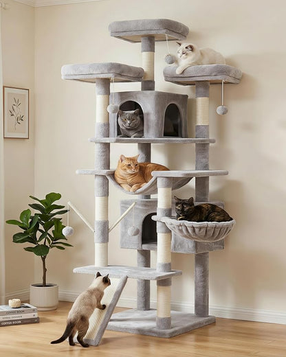 Hey-brother Cat Tree, 71 inches XL Large Cat Tower for Indoor Cats, Multi-Level Cat House with 3 Padded Perches, Big Scratcher, Cozy Basket, 2 Cat Condos and Scratching Posts, Light Gray MPJ034W