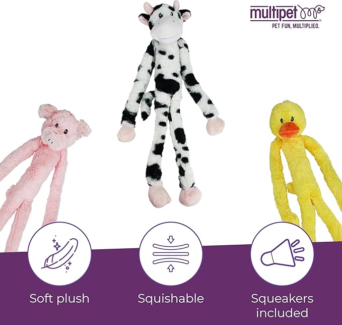 Multipet Swingin' Slevin Cow Dog Plush Toy - Squeaky Toys for All Dogs - Extra Soft Plush - Stuffed Animal for Cuddling & Playing - Cute (27”, White, 5 Squeakers)
