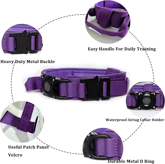 Xqpetlihai Tactical Dog Collar with Airtag Holder Waterproof Airtag Dog Collar with Control Handle and Metal Buckle(DeepPurple，XL