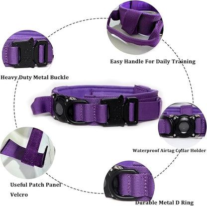 Xqpetlihai Tactical Dog Collar with Airtag Holder Waterproof Airtag Dog Collar with Control Handle and Metal Buckle(DeepPurple，L