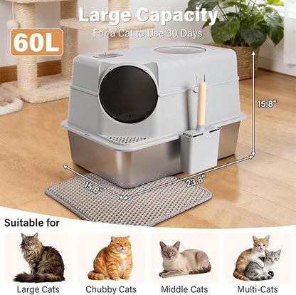Stainless Steel Litter Box with Lid, XL Large Enclosed Cat Litter Box for Big Cats, Metal Cat Litter Box with High Sided, Anti-Leakage,Front & Top Entry,Includes Mat & Scoop