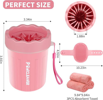 Professional 7 in 1 Dog Paw Cleaner for Dogs & Cats - Includes 1 Portable Paw Washer, 1 Bath Brush, 2 Dog Toothbrushes and 3 Absorbent Towels Note: Fits Paws up to 2 Inches Wide (Small, Light Pink)