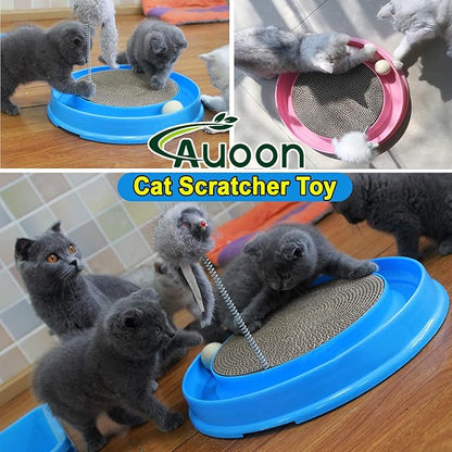 AUOON Cat Scratcher Toy with Ball Track - 3 in 1 Interactive Cat Toy, Cat Scratch Pad with Cat Ball Toy and Plush Cat Mouse Toy for Indoor Cats and Kittens (Blue)