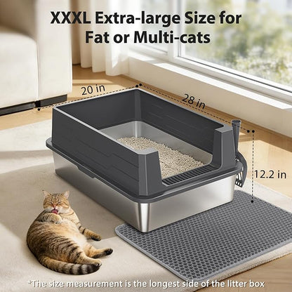 FURTIME XXXL Extra Large Stainless Steel Litter Box with Lid, Large Cat Litter Box for Big Cat, Large Metal Cat Box with High Sided, Non-Stick, Easy Cleaning, Includes Scoop and Mat