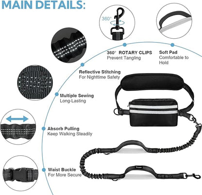 Hands Free Dog Leash, Adjustable Waist Belt with Double Padded Handles, Retractable Bungee for Medium & Large Dog, Running, No Pull,Black Grey