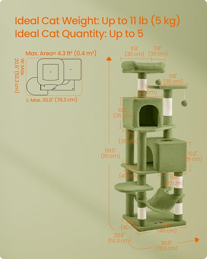 Feandrea Cat Tree, 59.5-Inch Tall Cat Tower, Plush Multi-Level Condo with 5 Scratching Posts, 2 Perches, 2 Caves, Hammock, 2 Pompoms, Grass Green UPCT192C02