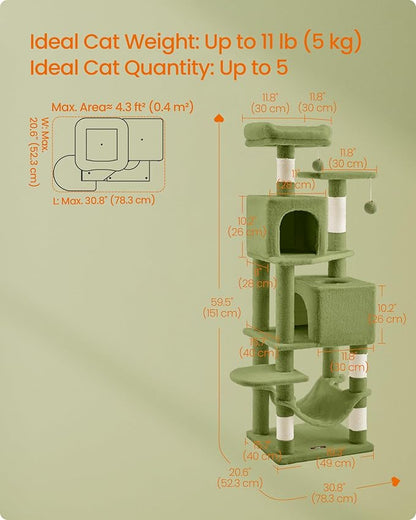 Feandrea Cat Tree, 59.5-Inch Tall Cat Tower, Plush Multi-Level Condo with 5 Scratching Posts, 2 Perches, 2 Caves, Hammock, 2 Pompoms, Grass Green UPCT192C02
