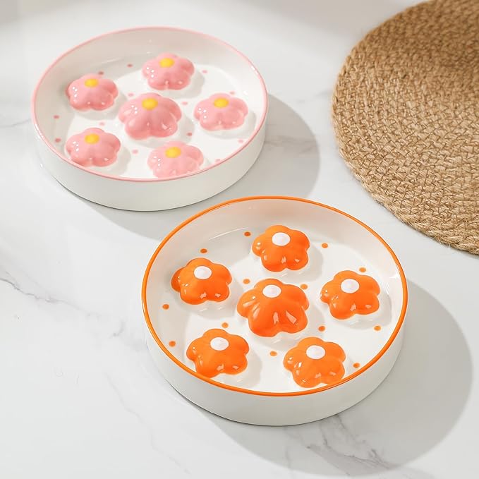 Ceramic Cat Slow Feeder Bowl - 6 OZ Puzzle Food Dish for Healthy Eating - Shallow Wide Whisker Friendly - Dishwasher Safe - 6.3''W x 1.2''H - 6 OZ - Bright Orange Flower