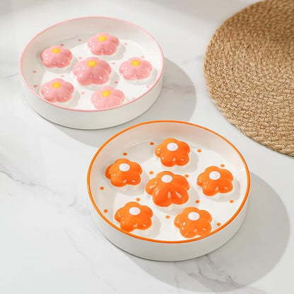 Ceramic Cat Slow Feeder Bowl - 6 OZ Puzzle Food Dish for Healthy Eating - Shallow Wide Whisker Friendly - Dishwasher Safe - 6.3''W x 1.2''H - 6 OZ - Bright Orange Flower
