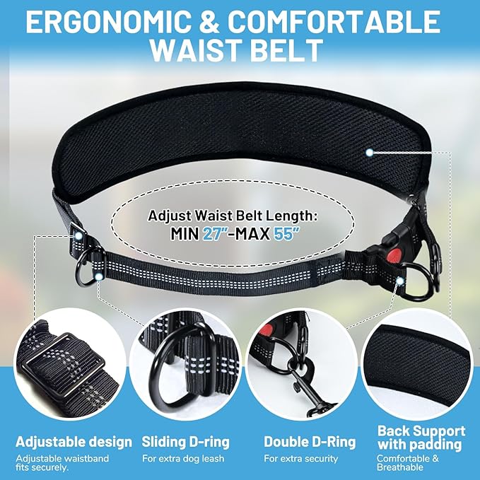 Hands Free Double Dog Leash No Tangle, Waist Leash for Dog Walking, Retractable Dog Leashes for Medium and Large Breeds-Pouch & Lumbar Support, Adjustable Waist Belt, Retractable Bungee,Padded Handles