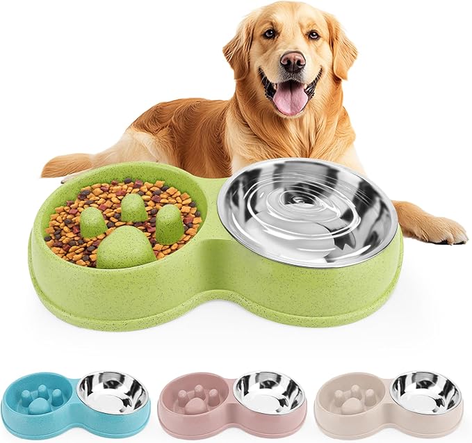 Pets Double Slow Feeder Bowls, Cats & Dogs Food Water Bowls, Stainless Steel Puppy Food and Water Dishes Non-Skid, Pet Feeding Bowl for Small Dogs Puppy Cat (Green)