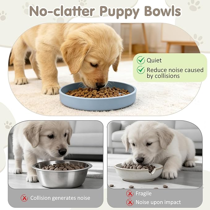 VCEPJH Silicone Dog Plates for Food Shallow Pet Bowl Flat Puppy Food Bowl Whisker Fatigue Cat Feeding Bowls Noiseless Dishes for Dry and Wet Food (Round Blue)