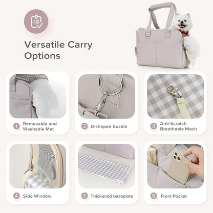Dog Purse Carrier for Small Dogs & Puppies Up 12 Lbs, Soft Cotton Tote Pet Shoulder Bag with Pockets, Foldable & Washable Breathable Puppy Carrier for Yorkie, Chihuahua & Cats - Gray