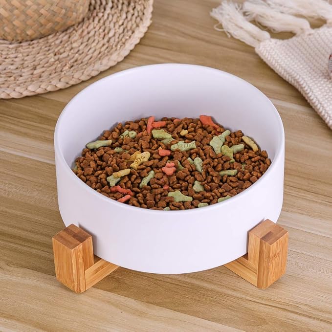 Ceramic Dog Bowl with Bamboo Stand - Large Dog Dish for Food and Water - Heavy Weighted, No Tip Over - 8.4" Diameter - White